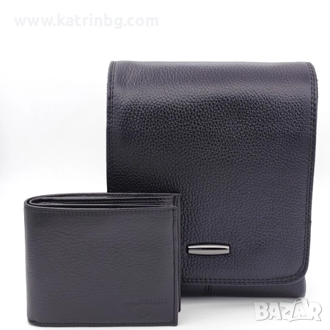Подаръчен комплект за мъж – чанта с цял капак и портфейл от естествена кожа в черно