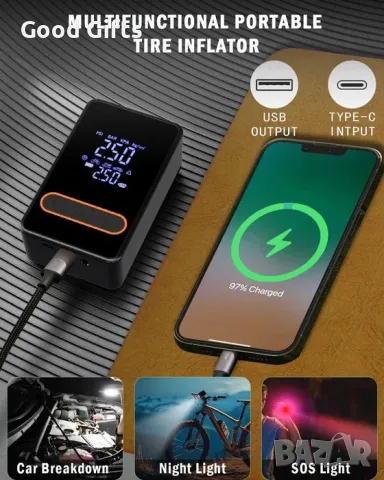 Преносим акумулаторен компресор с дисплей за помпане на гуми с детектор за налягане, снимка 3 - Компресори - 50209108