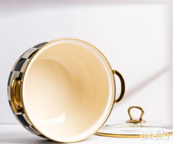 Тенджера Goldmann 24x15см. 6.2л./  26x16см. 8.5л., 4л., 5л., Емайл. Индукция. Бял/Черен каре, снимка 5 - Съдове за готвене - 52112879