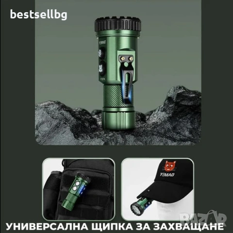 Мощен ръчен LED прожектор фенер YEMAO 3000 лумена UV червена зелена синя светлина USB-C магнит, снимка 7 - Къмпинг осветление - 54109920