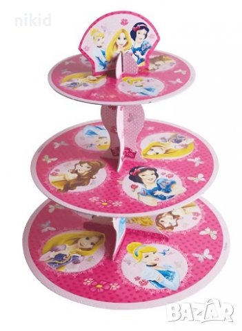 3 етажна Триетажна поставка стойка за мъфини кексчета картонена Принцеси Снежанка Рапунцел Пепеляшка