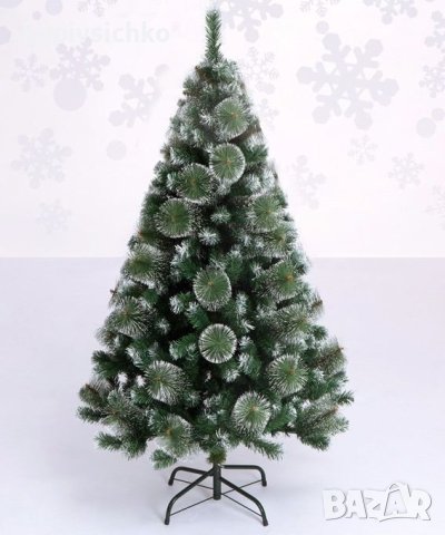 Елха - Изкуствена коледна елха с бели връхчета и шишарки + Метална стойка, снимка 2 - Декорация за дома - 42755524