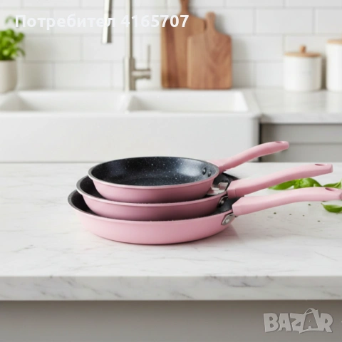 Комплект тигани Cheffinger розово с мраморно покритие – 3 части за всяка кухня - розов цвят, снимка 3 - Съдове за готвене - 53149655