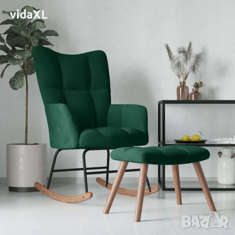 vidaXL Люлеещ се стол с табуретка, тъмнозелен, кадифе, снимка 3 - Столове - 56146936