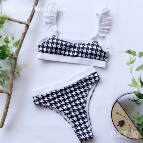 Бял черен бански райе висока талия, снимка 2 - Бански костюми - 31322255