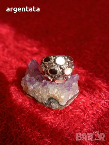 Масивен сребърен пръстен със седеф, оникс и маркизети, снимка 6 - Пръстени - 36690338