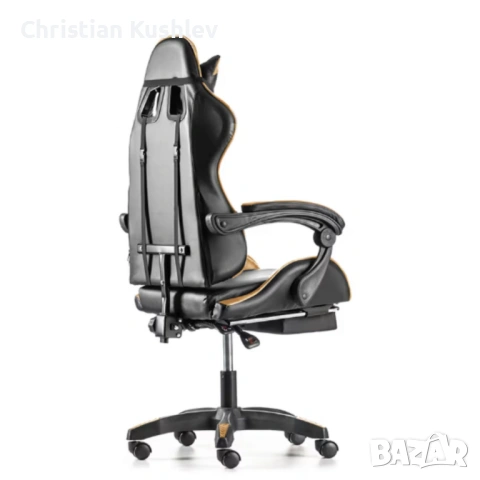 Черен геймърски стол с златисти акценти и разтегляема поставка за крака – луксозен комфорт без компр, снимка 2 - Столове - 53275454