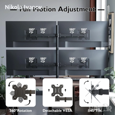 Чисто нова стойка за 4 Монитора | 13-27 инча | Vesa 75x75 и 100x100 | 2 начина на закрепване | stand, снимка 7 - Други - 54084236