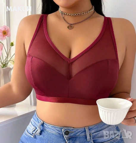 Макси удобен красив сутиен с прозрачни елементи и коригиращи се презрамки в червено, бордо, тъмно си, снимка 3 - Бельо - 50994924