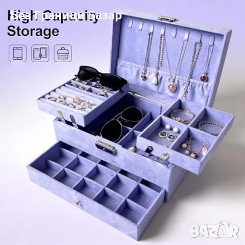 Нов Органайзер Кутия за бижута 3 нива с чекмеджета кадифе лилава голям капацитет, снимка 7 - Други стоки за дома - 54058794