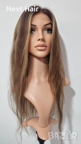 Естествена перука, кафява с руси кичури, 60 см, Lace 4х4, снимка 4 - Аксесоари за коса - 53351970