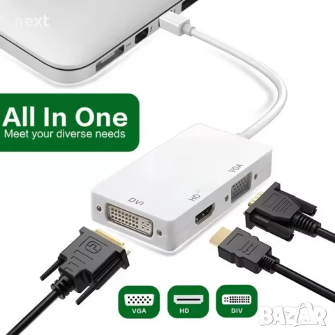 Преходник, адаптер, преобразувател mini DisplayPort (mini DP) към HDMI DVI VGA + Гаранция, снимка 5 - Кабели и адаптери - 50847513