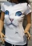 Страхотна нова дамска бяла тениска с 3D принт Котка със сини очи, снимка 9