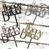 Happy Birthday Честит Рожден ден ЧРД златен черен розов сребро твърд Акрил топер за торта украса, снимка 1 - Други - 29772416