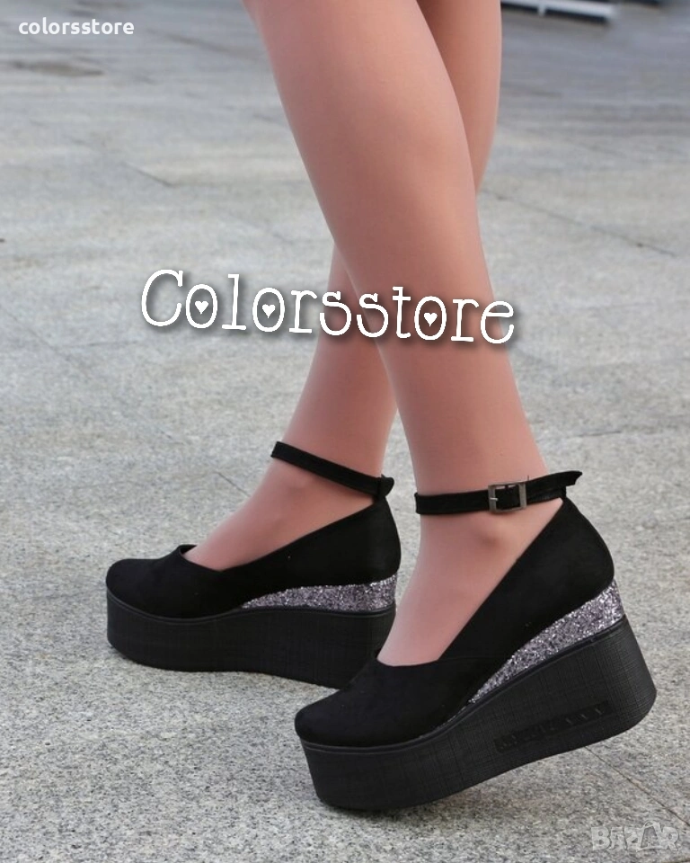 Обувки на платформа - черен велур и бронз брокат - 125K, снимка 1