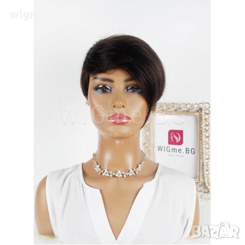 Къса тъмнокестенява перука от естествен косъм с бретон Регина, снимка 1