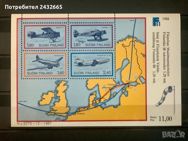 1342. Финландия 1988 = “ Авиация. Самолети. Филателна изложба Finlandia88 ” , MNH, **, снимка 1