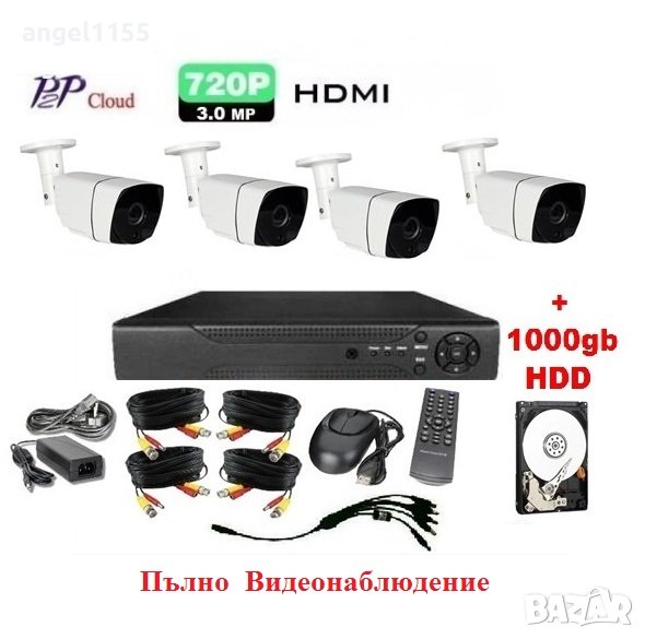 ХАРД ДИСК 1000GB + DVR + 4камери + кабели + захранване - пълна система Видеонаблюдение, снимка 1