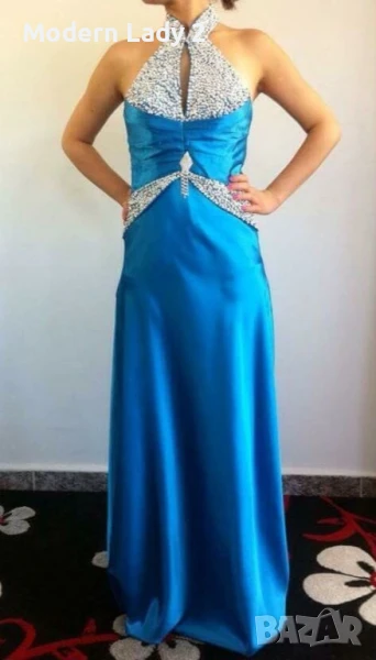 Нова сатенена синя рокля, снимка 1