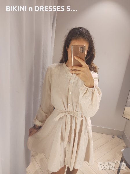 Уникална бежава рокля памучна с колан 100% памук, снимка 1