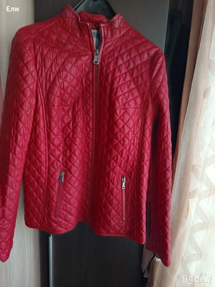 Червено кожено дамско яке естествена кожа , снимка 1