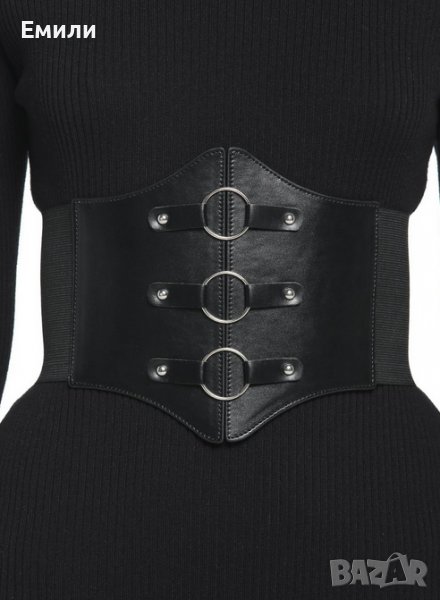 Черен кожен корсет за талия с халки , снимка 1