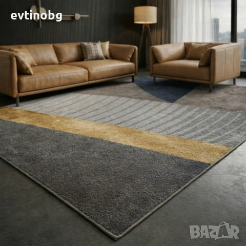 Луксозен Килим за Хол 120х160см – Сиво със Златна лента и 3D ефект, Противоплъзгащ и Миещ се, снимка 7 - Други - 53882619