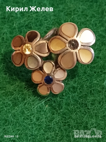 Артистичен сребърен пръстен венчелистчета с Кралски Седеф и кристали Арт бижу 19962, снимка 2 - Пръстени - 52982502