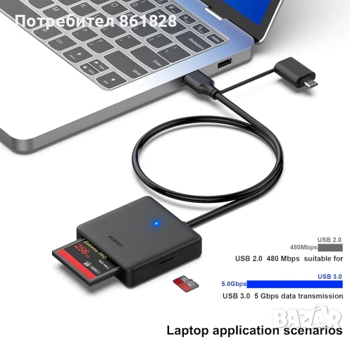 Четец на карти с памет, BENFEI 4in1 USB 3.0 и USB-C към SD Micro SD MS CF адаптер за четец на карти,, снимка 2 - Друга електроника - 52938547
