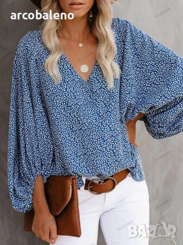 Дамска ежедневна риза с щампован фенерски ръкав с V-образно деколте, 9цвята , снимка 7 - Ризи - 42039048