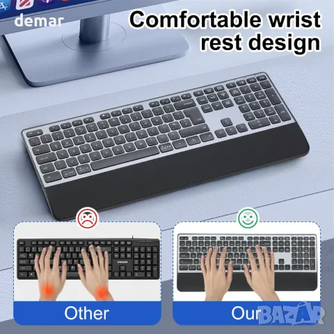 CITLLA K9100 Безжична Bluetooth клавиатура, Пълноразмерна с опора за китката, 3-степенна подсветка, снимка 3 - Клавиатури и мишки - 49283507