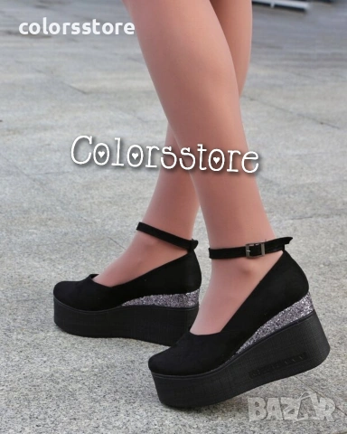 Обувки на платформа - черен велур и бронз брокат - 125K