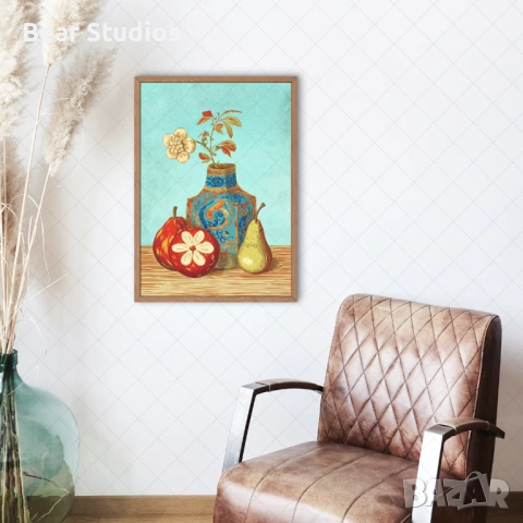 Постер / плакат, матов - Стилизиран Натюрморт, ваза с плодове и цветя, снимка 2 - Картини - 54151862