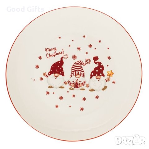 Кръгла коледна порцеланова чиния, Гномчета, 27см , снимка 1 - Чинии - 42754851