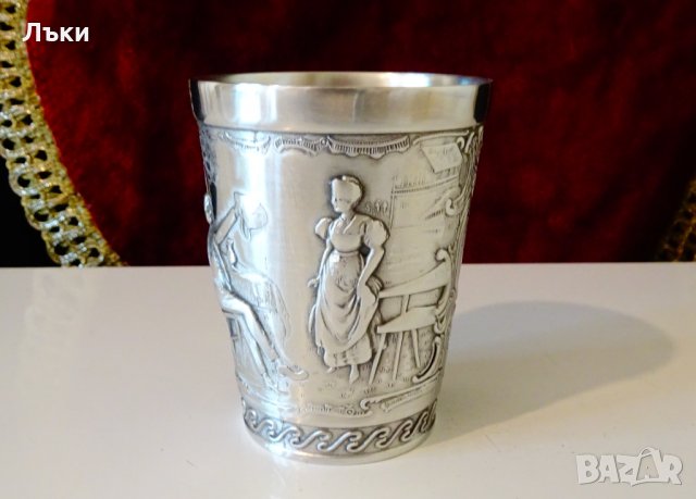 Чаша от калай за вино,релефна картина. , снимка 3 - Антикварни и старинни предмети - 34562766