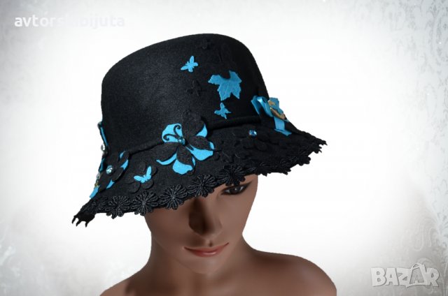 ⚜️ Черна дамска шапка филц с цветя и пеперуди №3090, снимка 3 - Шапки - 38130063