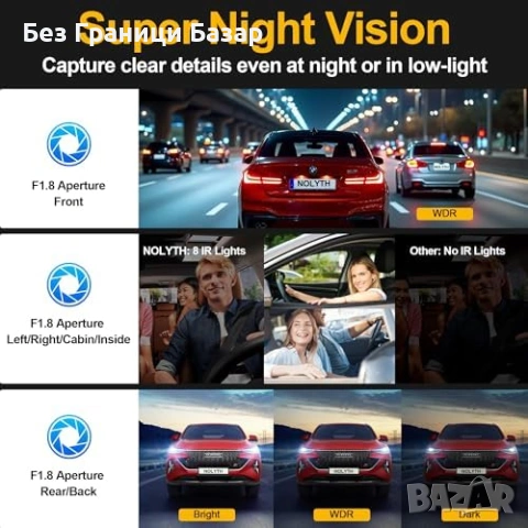 Нов Dash Cam Автомобилна камера 360° 4 канала 2K WiFi 8 IR лампи 64GB карта, снимка 4 - Друга електроника - 53279705