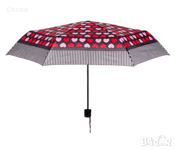Сгъваем чадър за дъжд Ръчен Черно Червени Розови Сърца 23,5см, снимка 2 - Други - 42876360