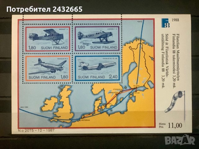 1342. Финландия 1988 = “ Авиация. Самолети. Филателна изложба Finlandia88 ” , MNH, **