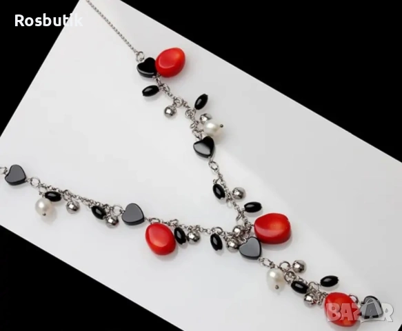 Сребърно колие с естествени камъни перли, корали и оникс 