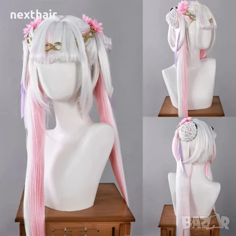 Висококачествена аниме перука бяло и розово с подвижни опашки, снимка 8 - Аксесоари за коса - 50567085