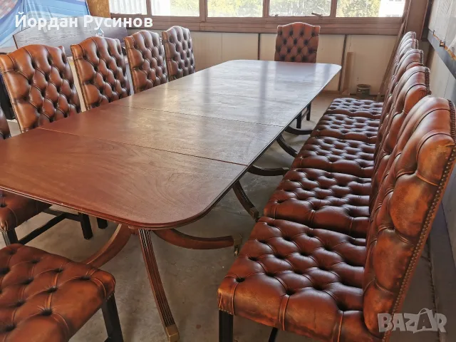 Оригинален луксозен комплект 12 Chesterfield стола с маса от махагон, снимка 5 - Столове - 52389880