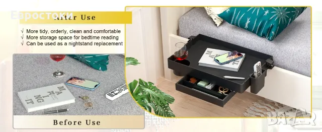 SOLEJAZZ Нощен рафт за легло, горен рафт за двуетажно легло, сгъваема щипка на нощно шкафче, снимка 5 - Етажерки - 47565949