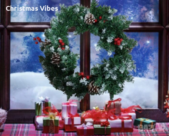 Коледен венец с шишарки и червени плодчета - 40 см, снимка 4 - Други - 52092496