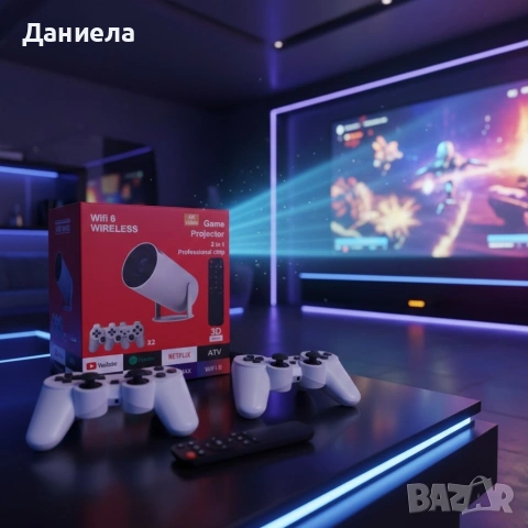 Интелигентен видео проектор 4K с два геймпада, дистанционно управление, Android TV 11 и WiFi 6, снимка 2 - Други стоки за дома - 53367320