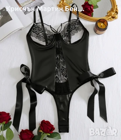 Боди с кожа и нежна дантела /Л, снимка 2 - Бельо - 51399312