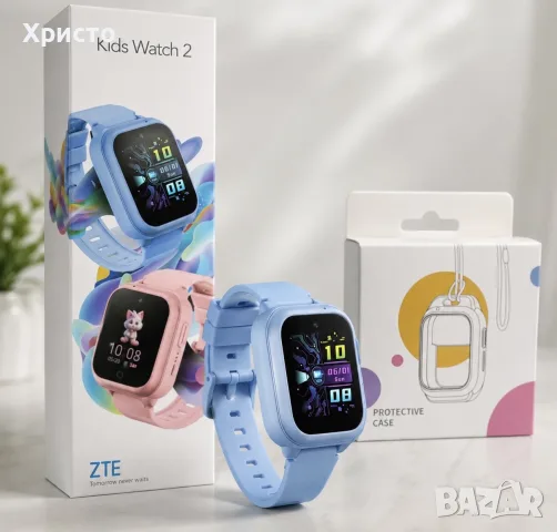 Детски смарт часовник ZTE / Vivacom Kids Watch 2 4G, eSIM, GPS, Video Call + подарък защитен калъф 