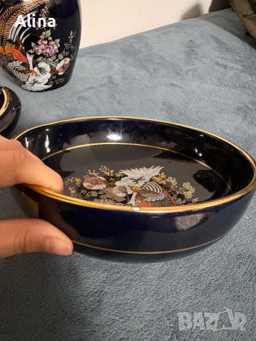 Елегантен винтидж комплект трио в японски стил – ваза, купа и пепелник, снимка 9 - Антикварни и старинни предмети - 54084697