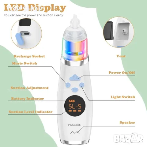 PASUIDU Бебешки аспиратор за нос, водоустойчив, 3 накрайника, вградена музика и светлини, снимка 2 - Пелени, памперси - 49419894
