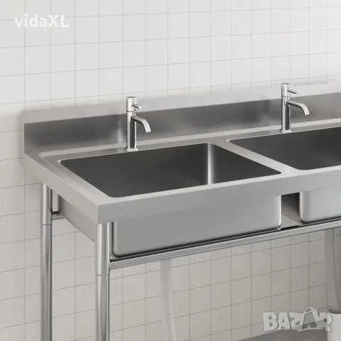 vidaXL Кухненска мивка с двойно корито, неръждаема стомана, снимка 3 - Мивки - 56146101